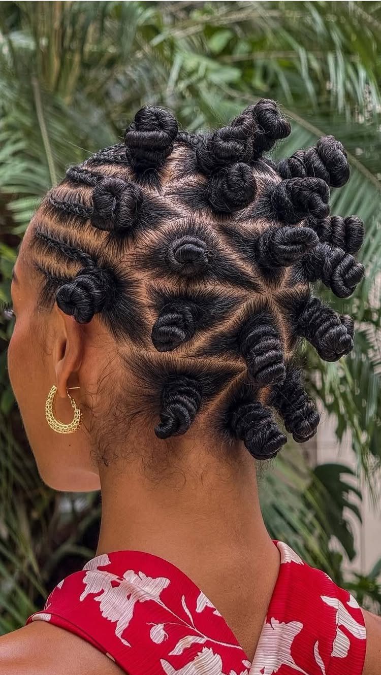 Bantu knots arranged across the back of a person's head