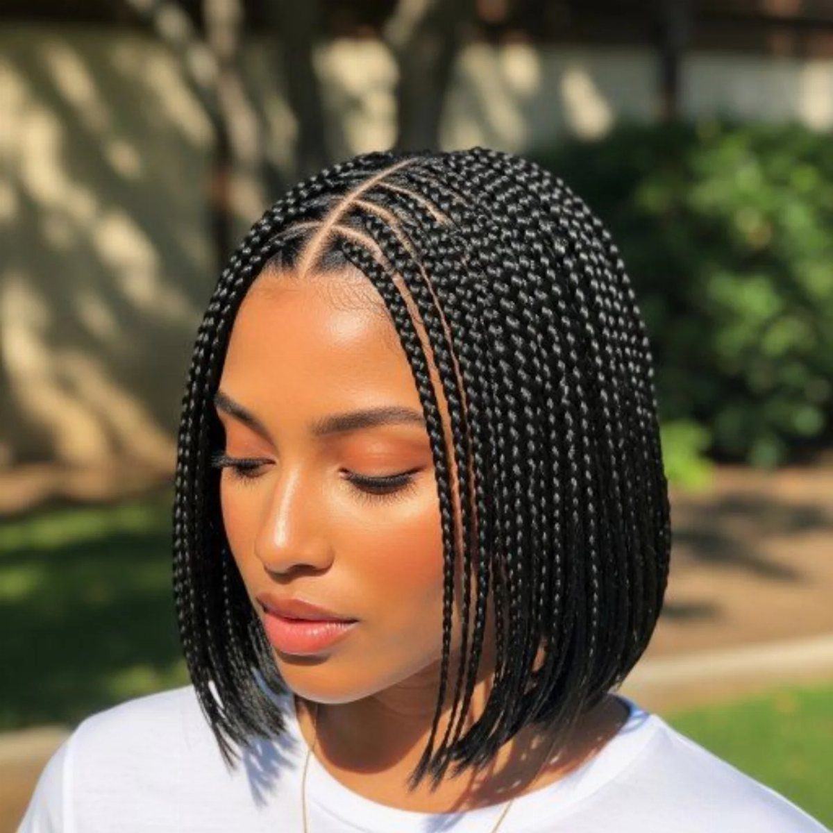 Woman wearing a chin-length bob of thin black box braids outdoors