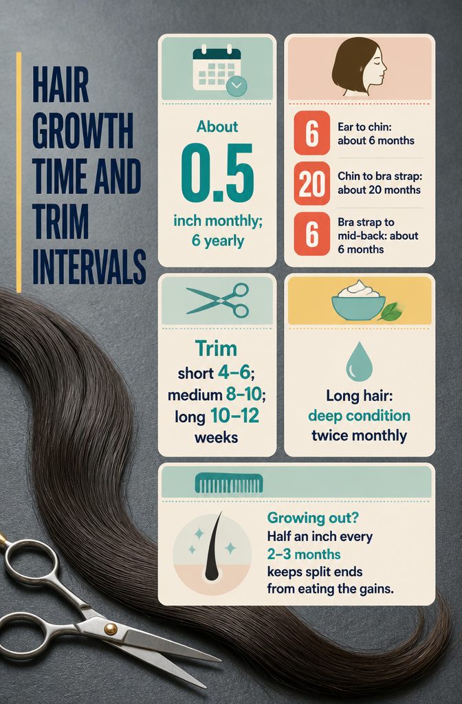Beauty infographic titled Hair Growth Time and Trim Intervals