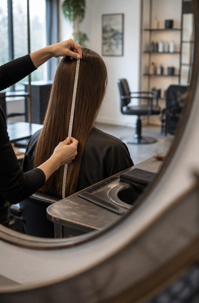 Person seated at salon station holding a taut hair strand beside a tape
