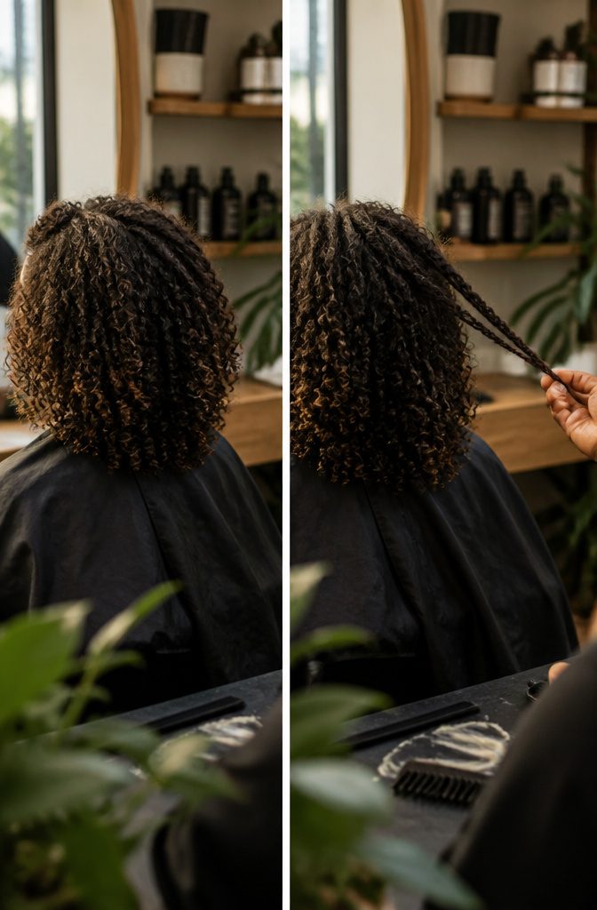 Curly hair shown to illustrate the difference between worn and stretched length