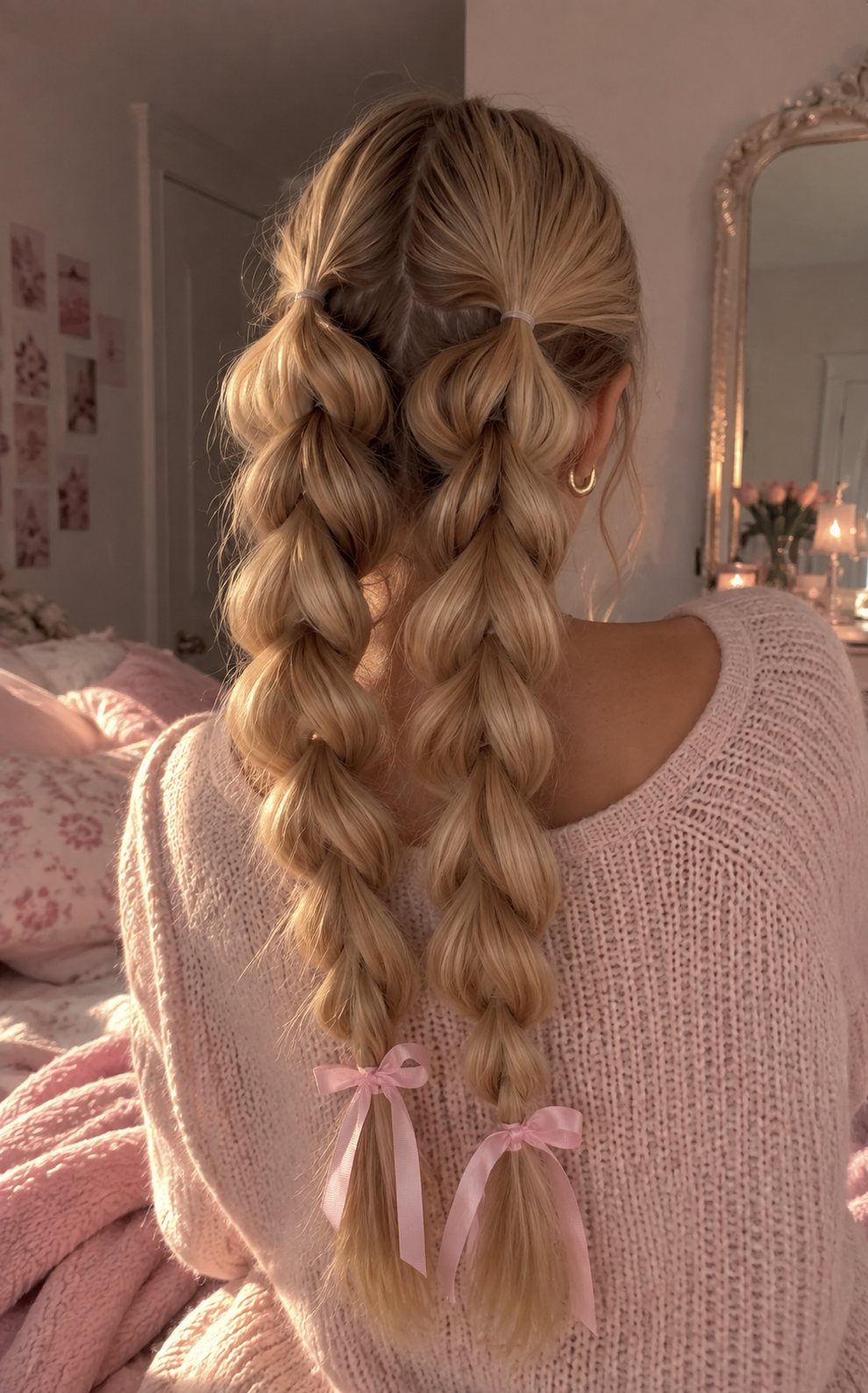 Blonde hair styled in two loose bubble braids with pink ribbons