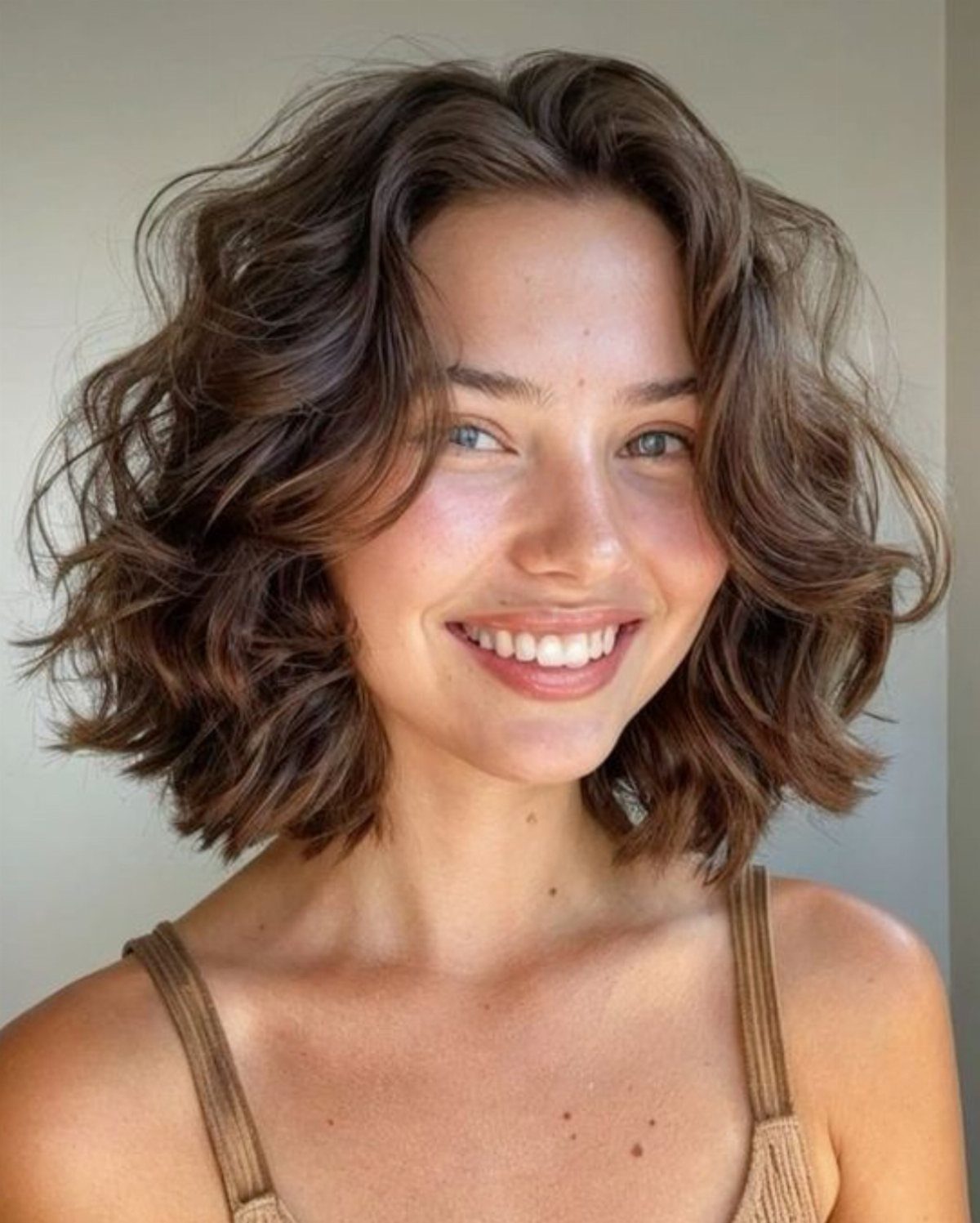 Woman smiling with a chin-length brown curly bob