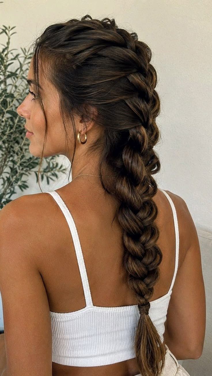Thick French braid woven from the crown down a woman's back