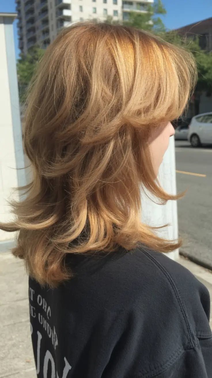 Layered honey-blonde shag cut with feathered ends and sweeping bangs