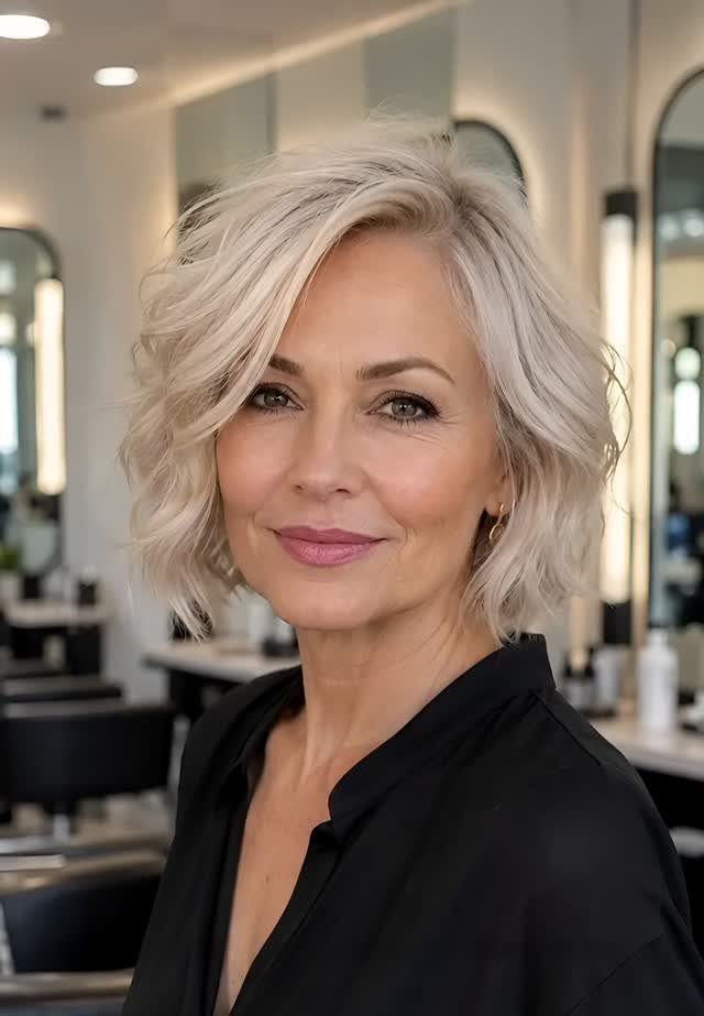 Woman with a wavy silver-blonde bob posing in a bright salon