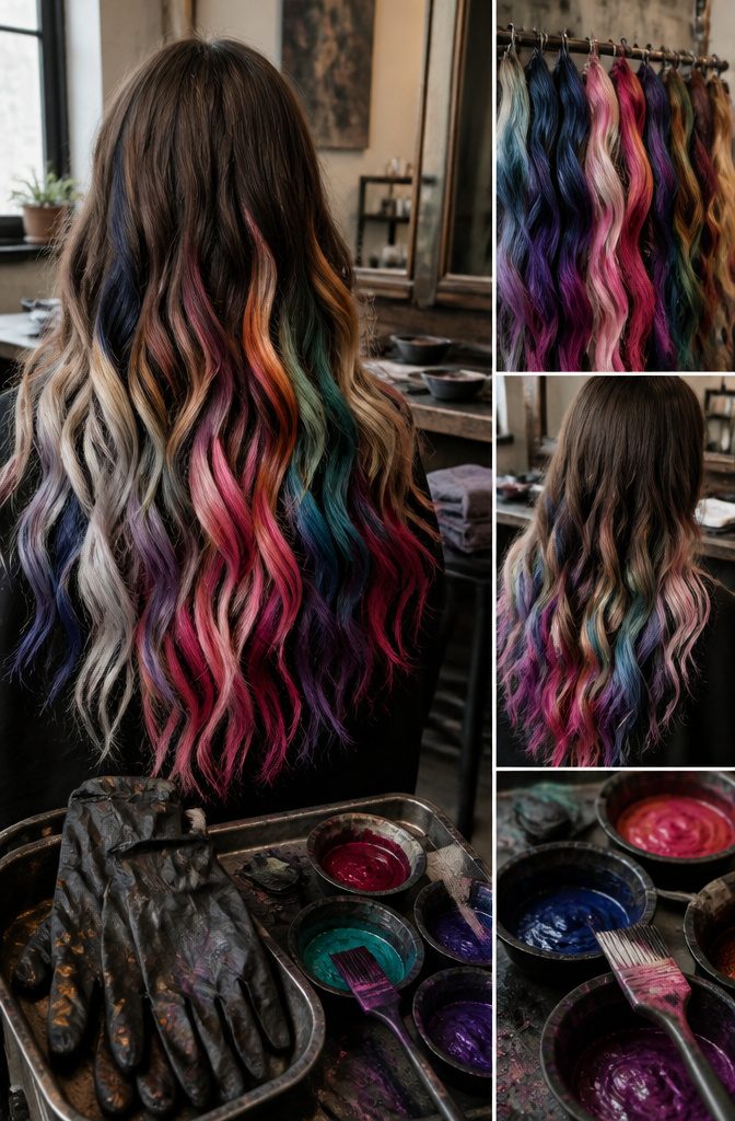 Dip-dyed hair with colored ends contrasting against its natural base