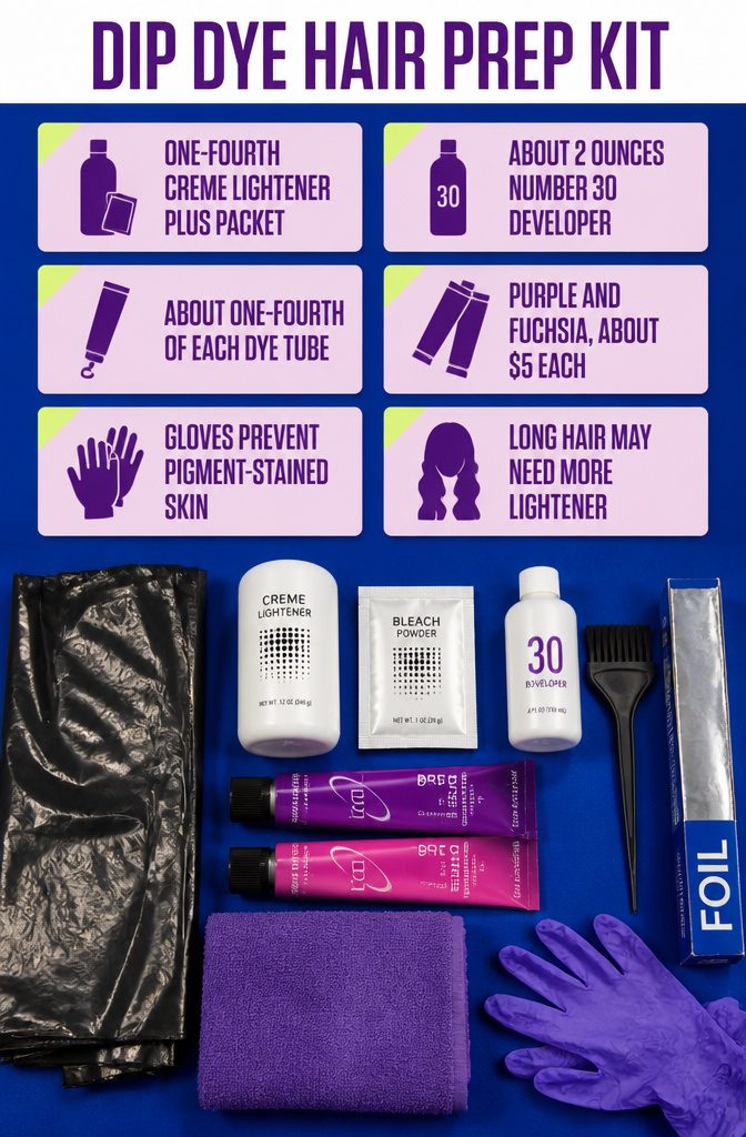 Dip dye prep kit with lightener, purple and fuchsia dye, gloves, brush and foil