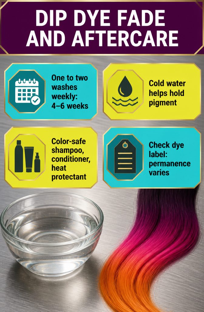 Dip dye fade and aftercare graphic with colored ends and hair care