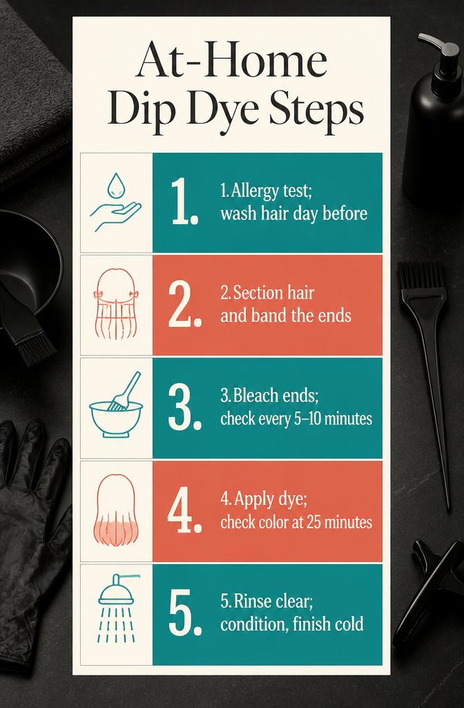 At-home dip dye steps with hair sections, bleach application, dye and rinsing