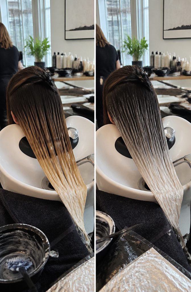 Dip-dyed hair showing a fashion color against a dark base