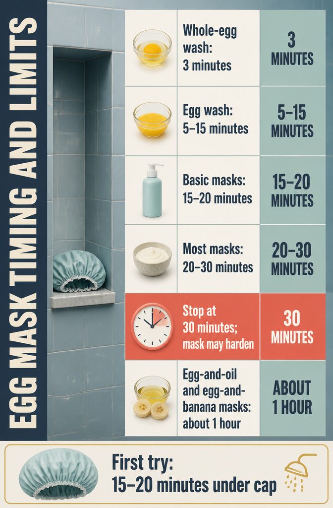 Beauty information graphic titled Egg Mask Timing and Limits