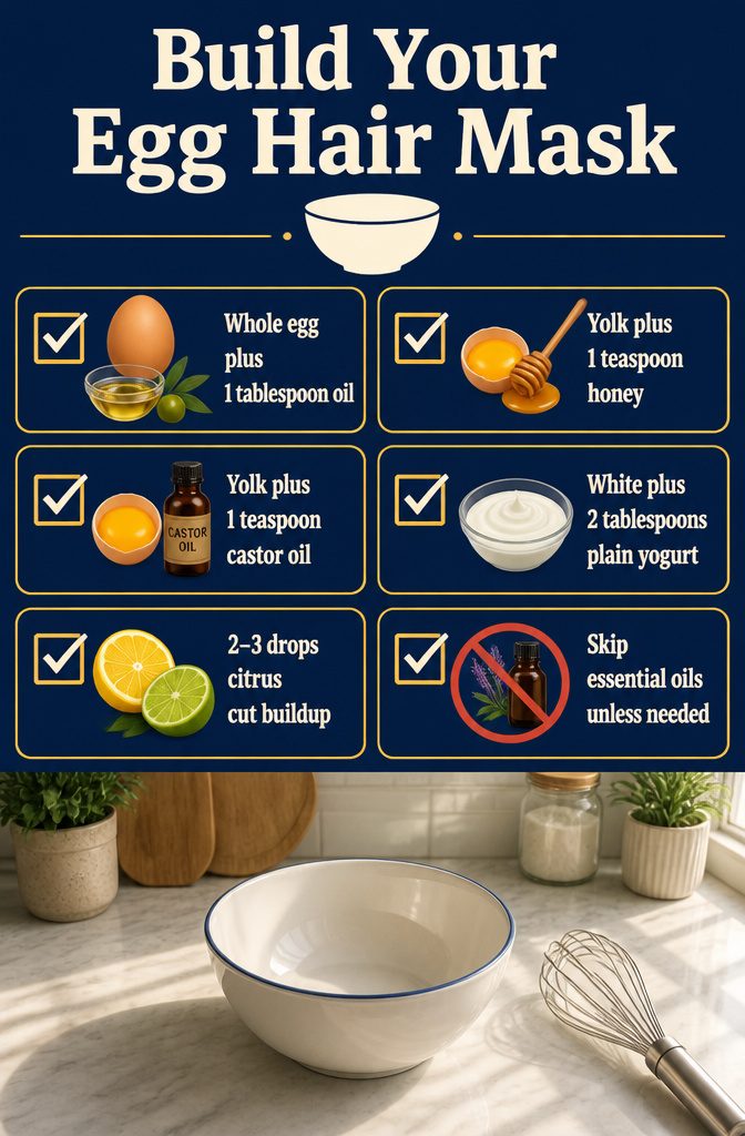Beauty information graphic titled Build Your Egg Hair Mask