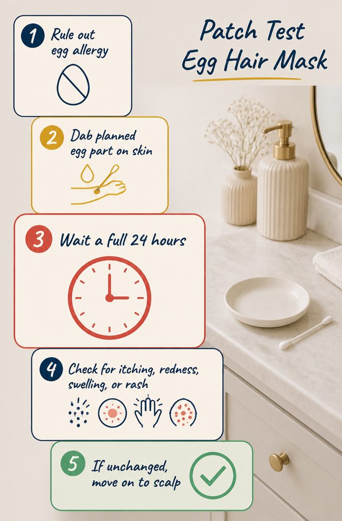 Beauty information graphic titled Patch Test Egg Hair Mask