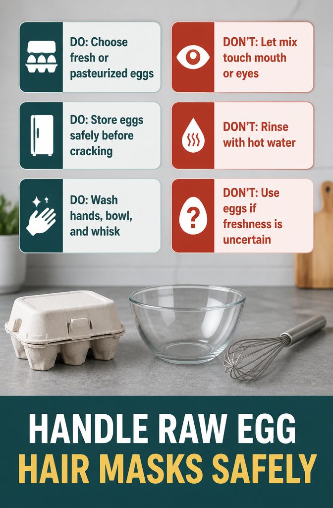 Beauty information graphic titled Handle Raw Egg Hair Masks Safely