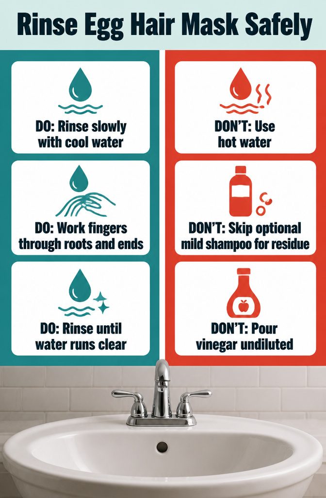 Beauty information graphic titled Rinse Egg Hair Mask Safely