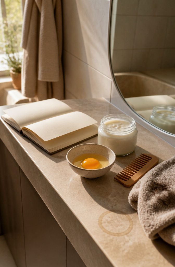 Bowl with one yolk beside blank planner, conditioner jar, wooden comb and towel