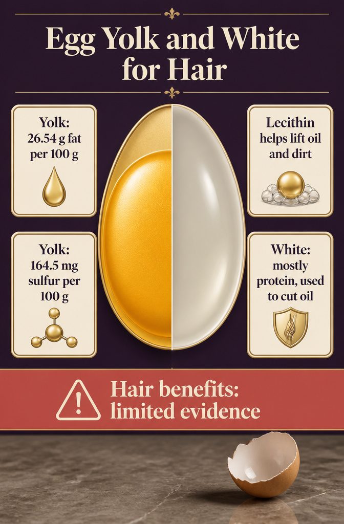 Beauty information graphic titled Egg Yolk and White for Hair