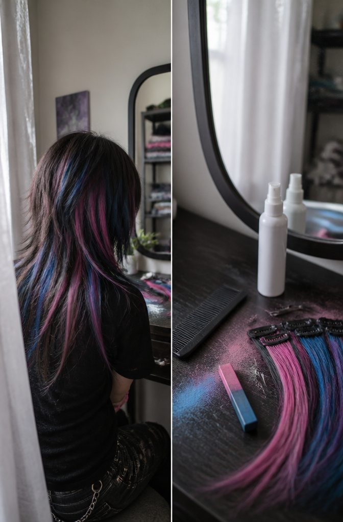 Emo hairstyle with bright streaks and colorful clips in layered hair