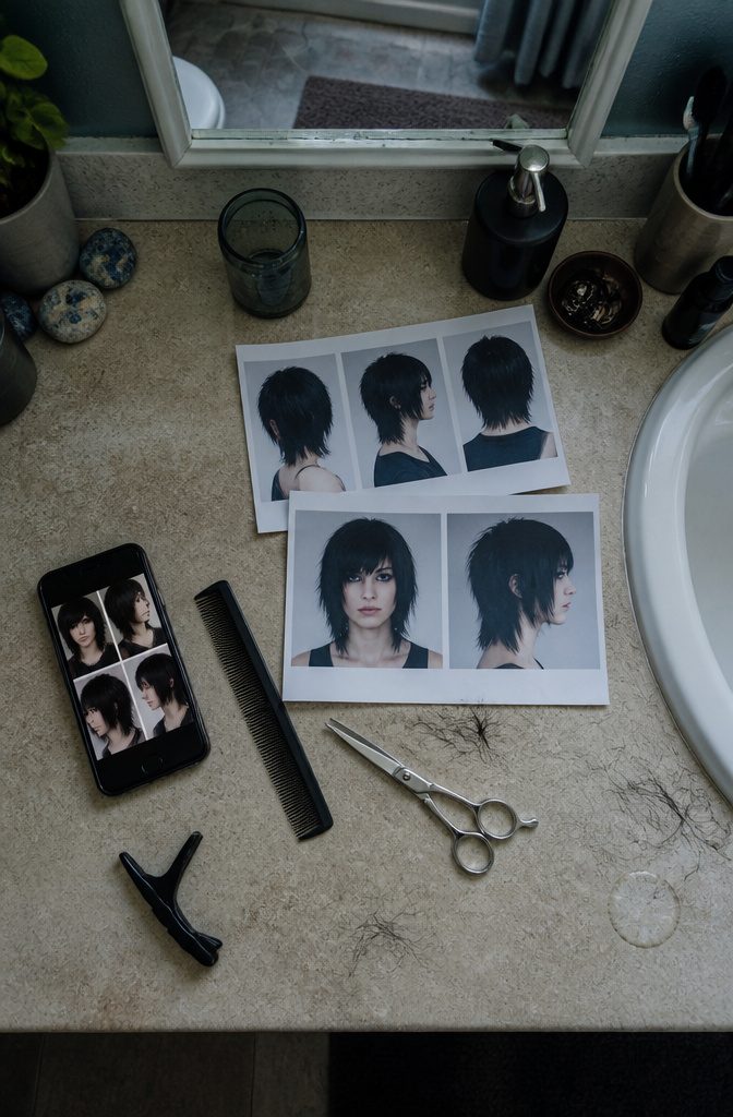 Emo scene hairstyle with uneven layers and long side-swept bangs