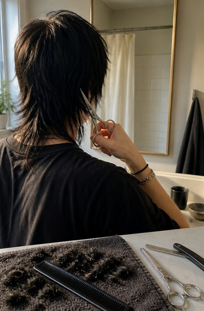 Haircutting scissors point upward into uneven layers above longer bottom lengths