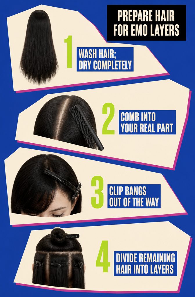 Hair divided into clipped sections with bangs set aside for layering