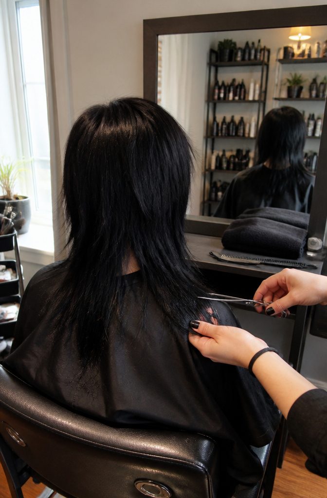 Shoulder-length emo hair with frayed ends and defined long bangs