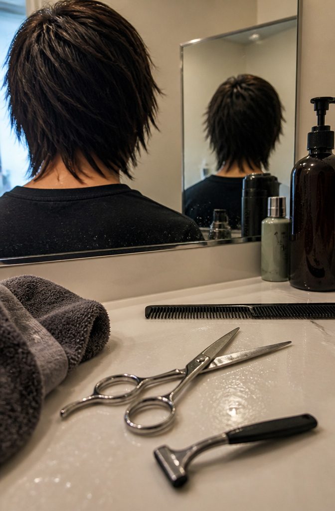 Haircutting shears beside a handheld mirror for checking the back of hair