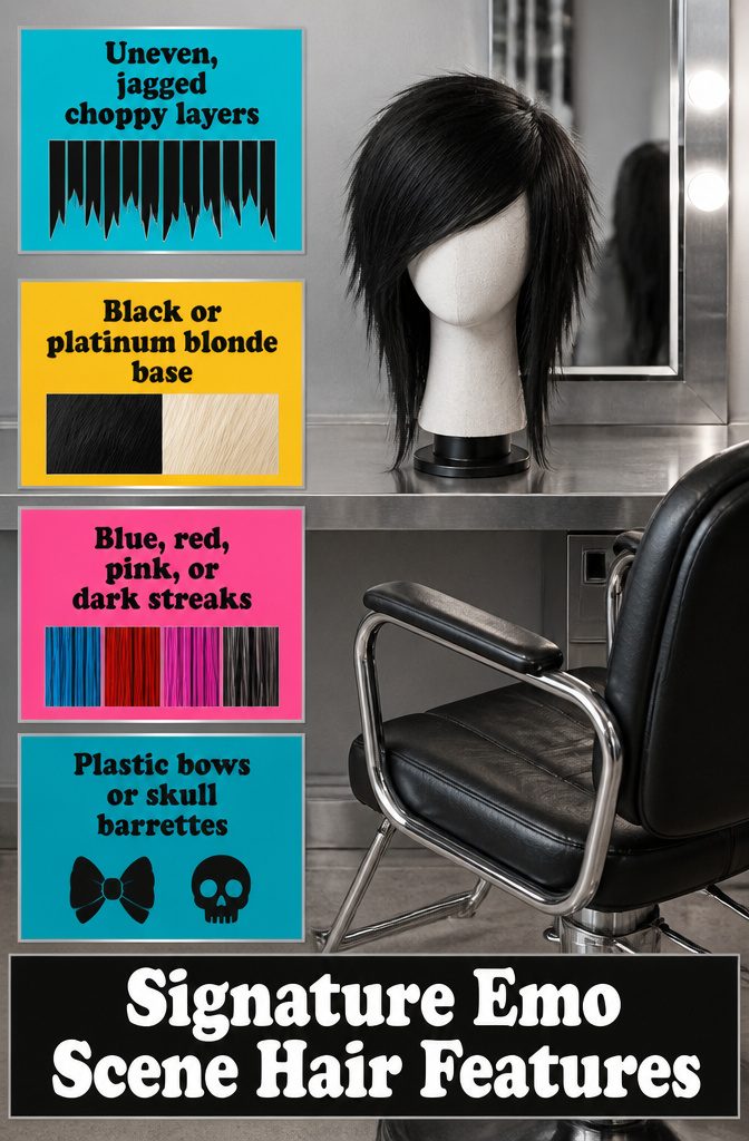 Emo hair guide showing choppy layers side bangs and bright accents