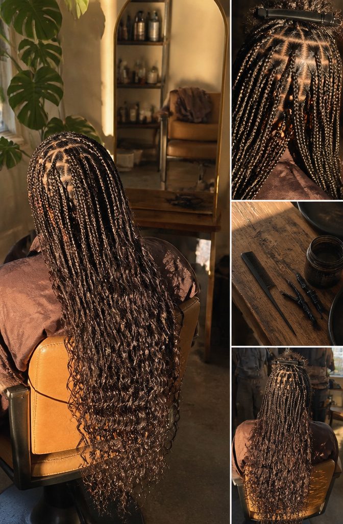 Boho braids with loose curls hanging alongside a neat braided base
