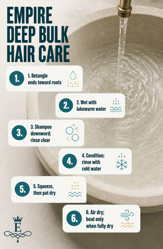 Empire Deep Bulk Hair Care graphic listing detangling washing and drying steps