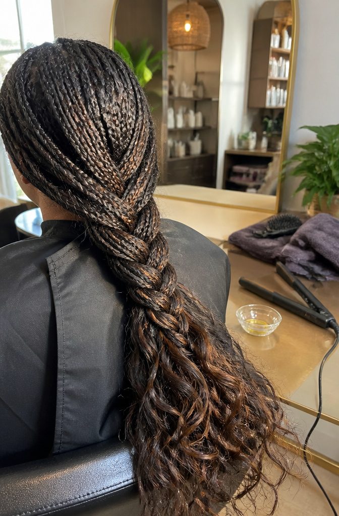 Finished braid with loose curls on a dark salon cape beside an iron and glass dish