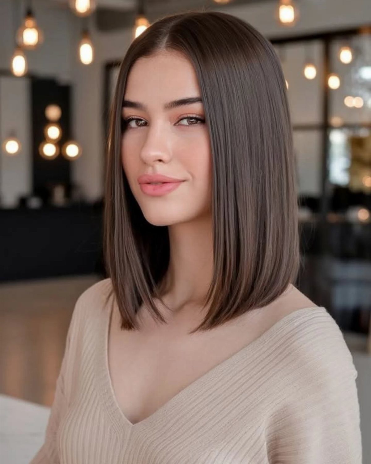 Woman models a straight dark brown blunt cut ending at her shoulders