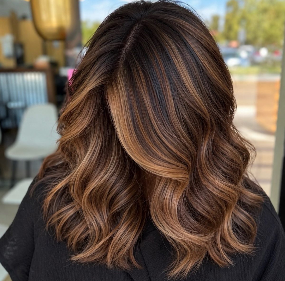 Long brunette waves show blended caramel balayage highlights in a salon