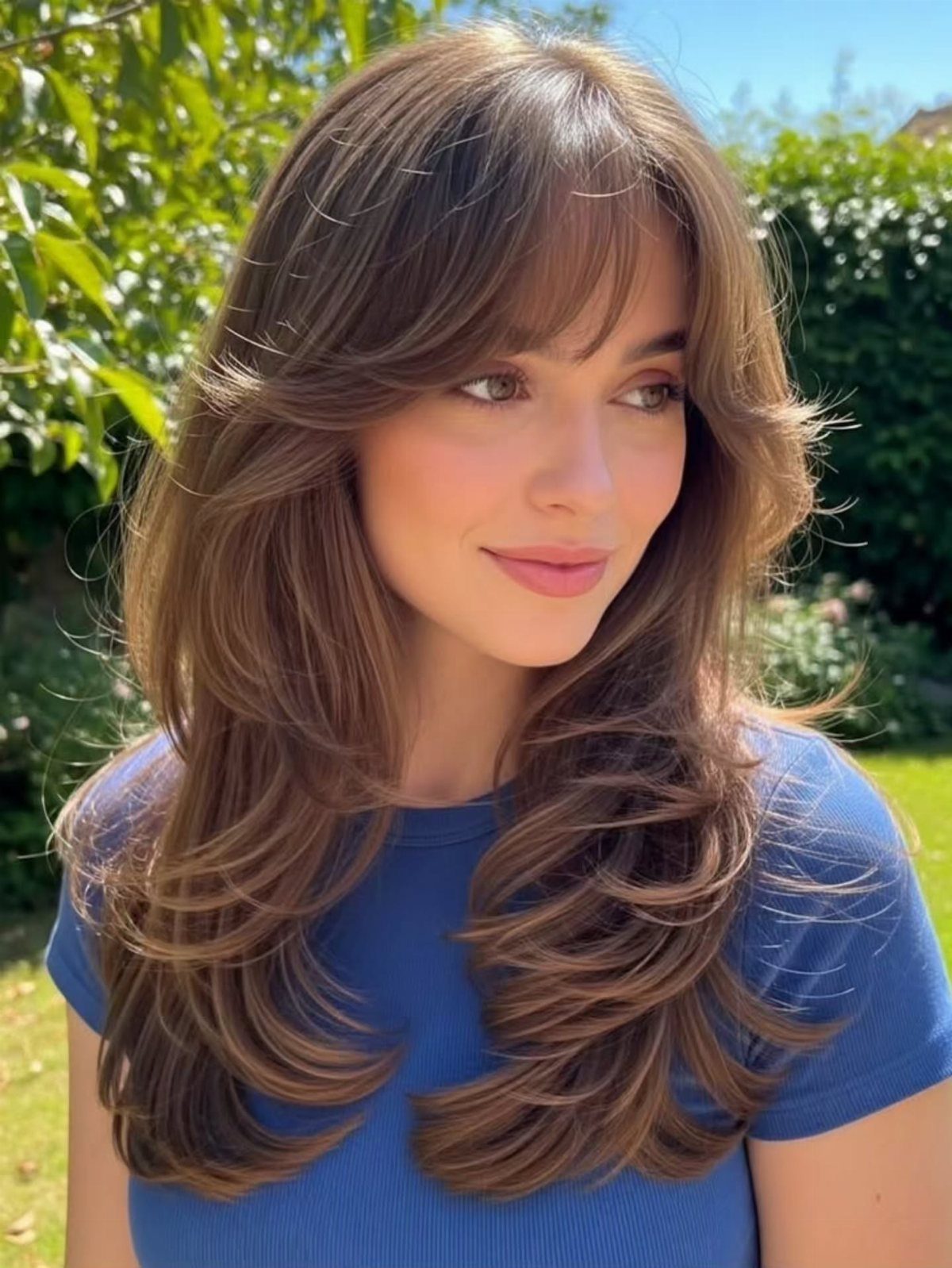 Woman with softly parted brown curtain bangs and long layered hair outdoors