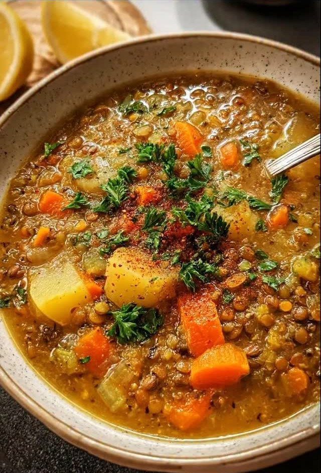 Lentil stew with carrots, potatoes, and fresh herbs in a ceramic bowl