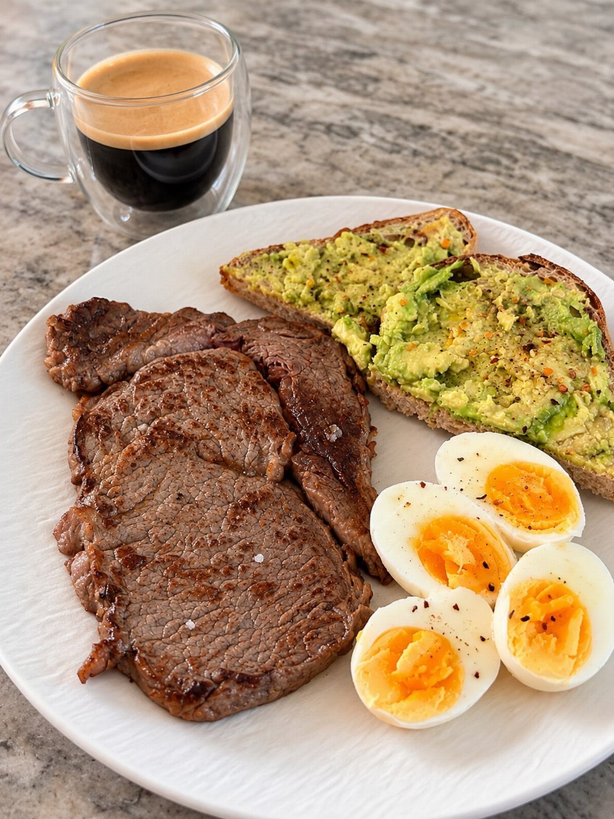 Avocado toast served with cooked beef, boiled eggs, and a glass of coffee