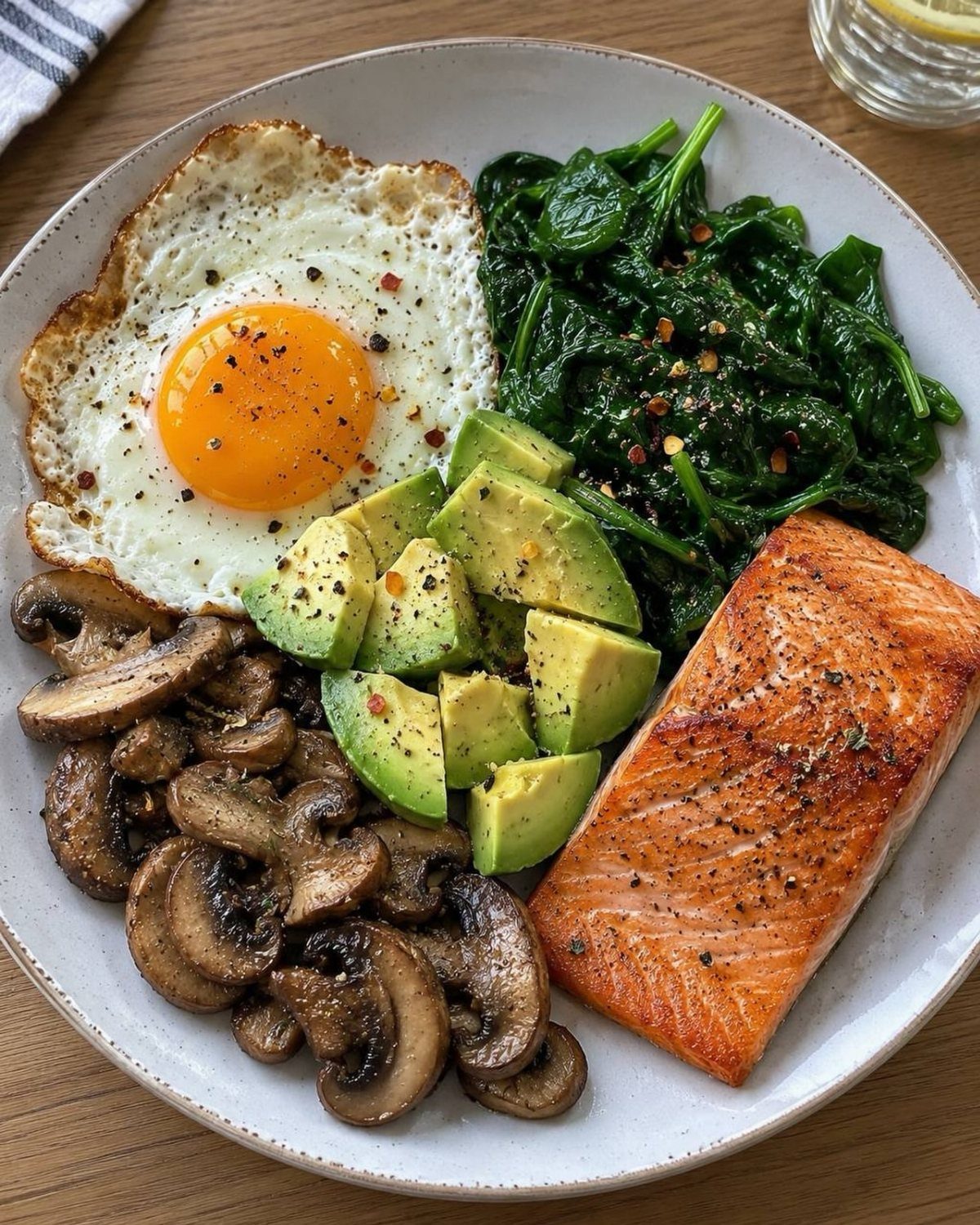 Cooked salmon served with egg, spinach, avocado, and sautéed mushrooms