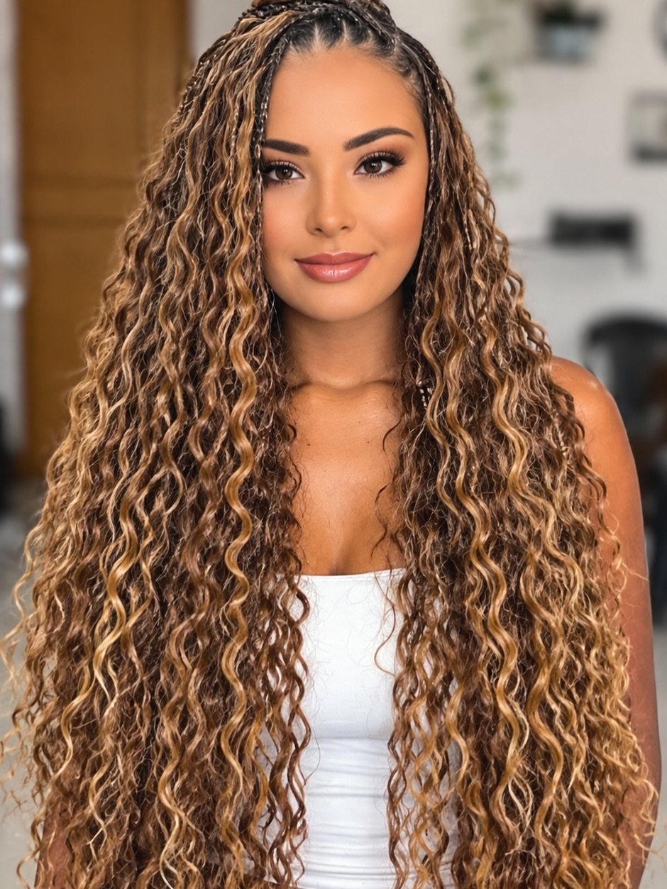 Woman with long blonde-brown curls and dark braided roots wearing a white top