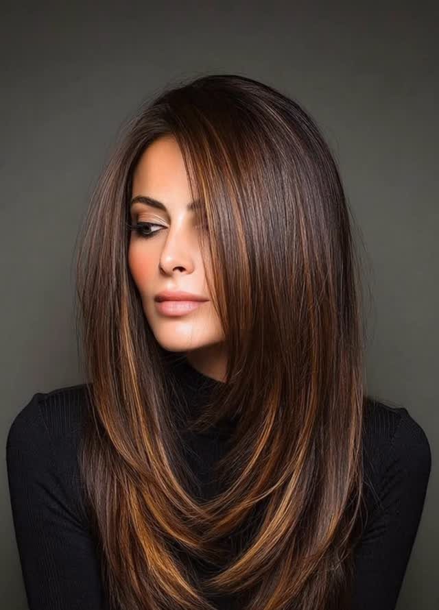 Woman with dark brown feathered layers, caramel highlights, and side-swept bangs