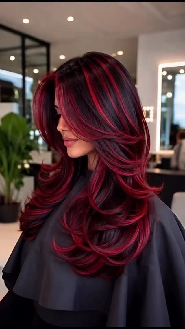 Long dark hair with vivid magenta streaks styled in cascading curls