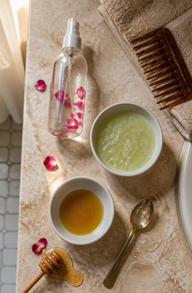 Bowls of glycerin aloe gel honey and oils for hair masks
