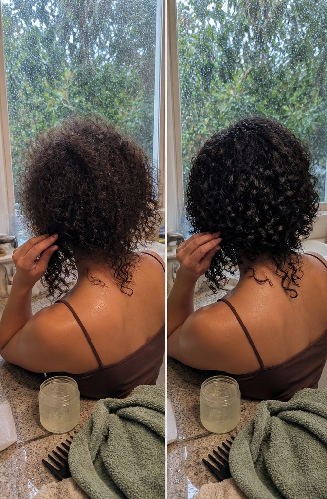 Curly hair in humid weather with visible frizz and volume