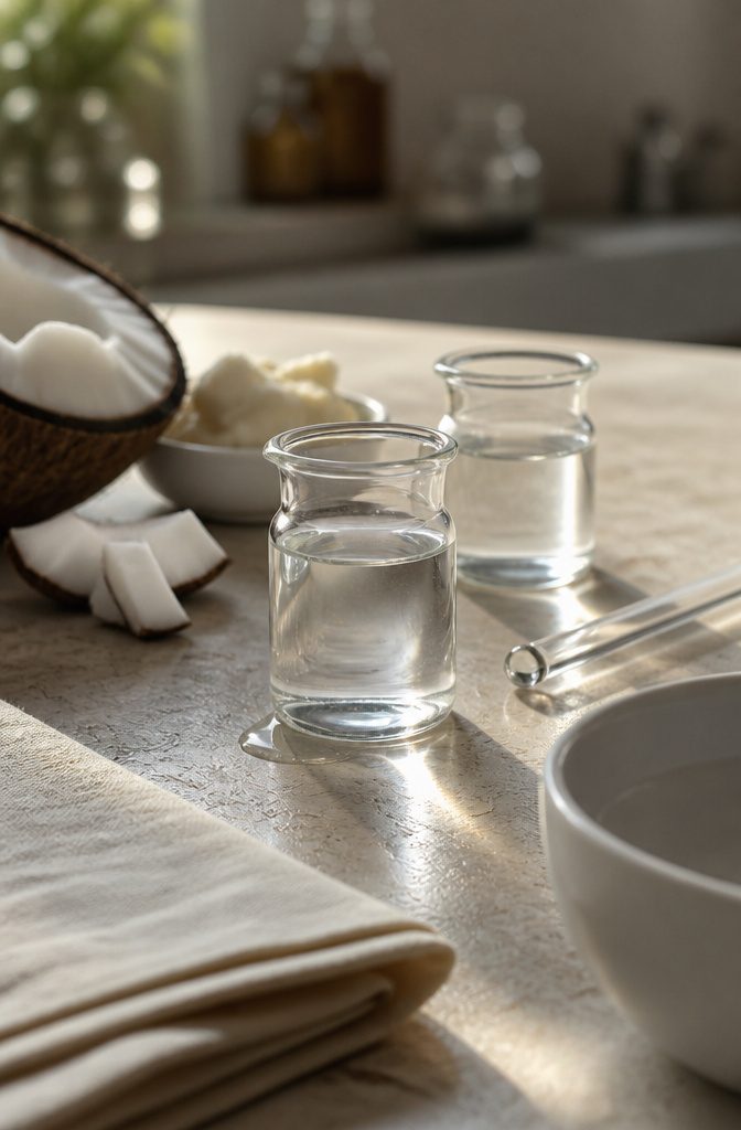 Glycerin bottle beside coconut oil and shea butter