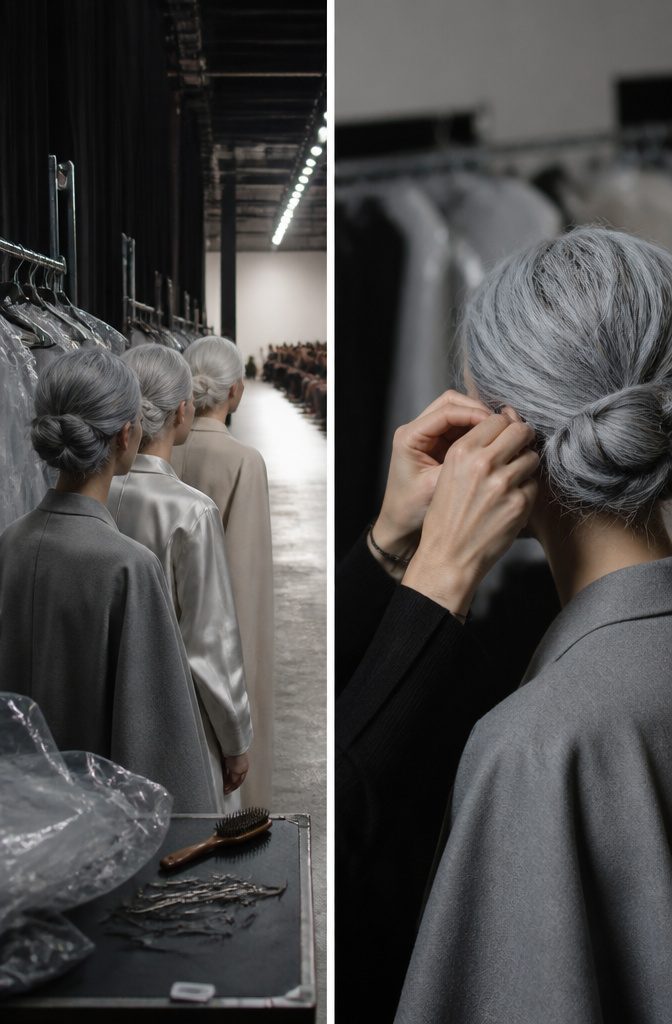 Runway model with silver-gray hair in a fashion show