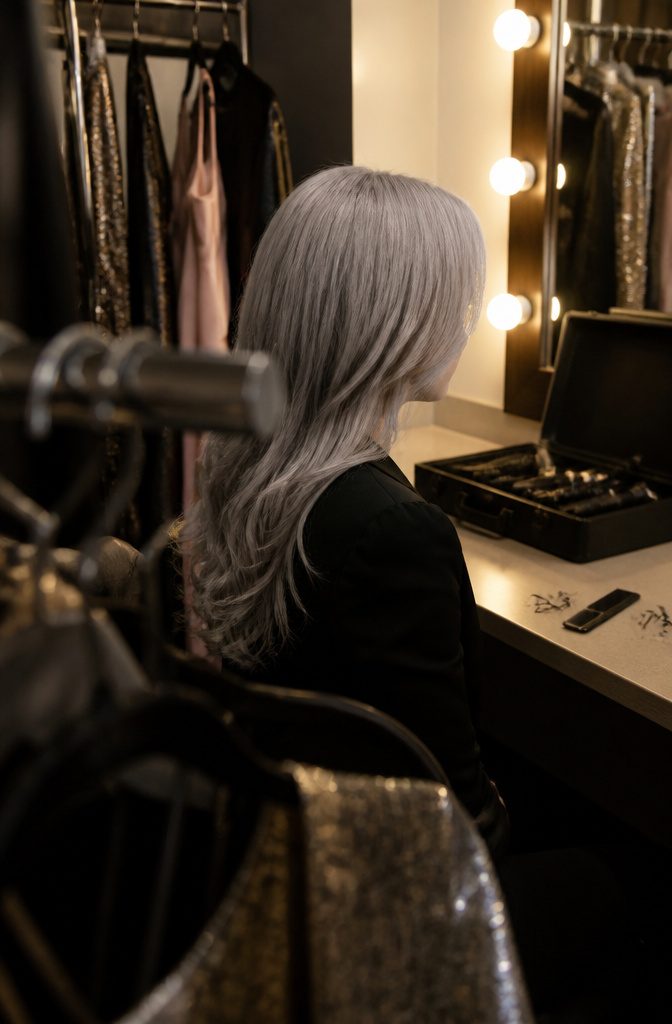 Kelly Osbourne with silver-gray hair seen from behind at a fashion event