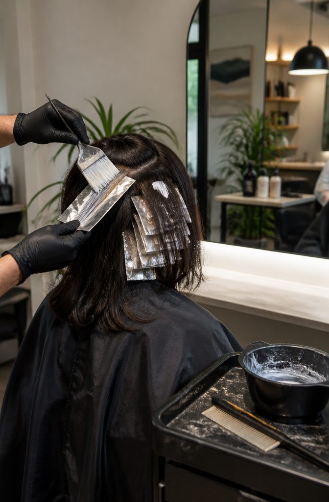 Dark brown hair separated into bleach foils with natural roots visible