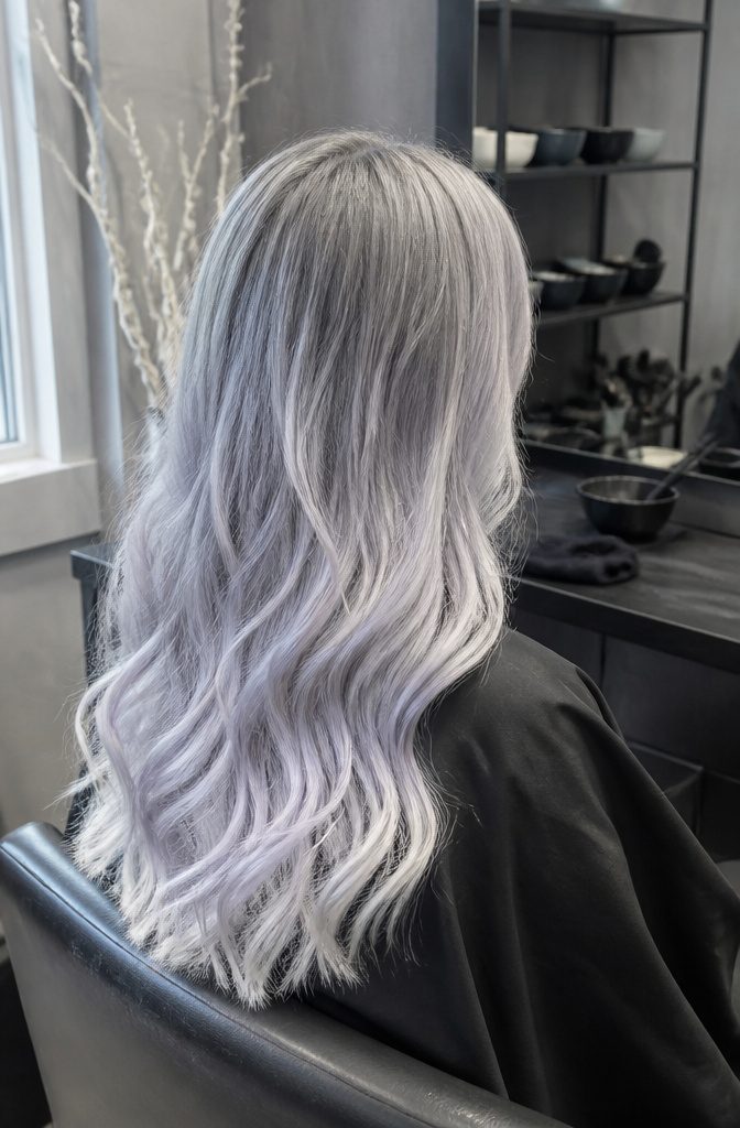 Silver-gray hair with pale metallic tones and a cool finish