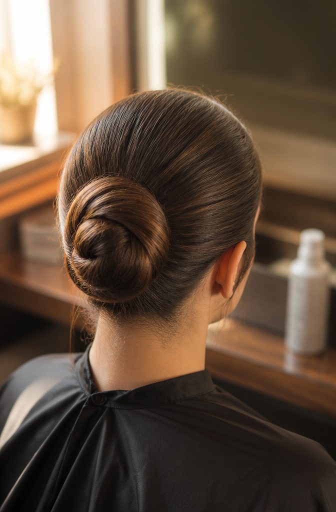 Classic bun with a tightly twisted ponytail wrapped around its base