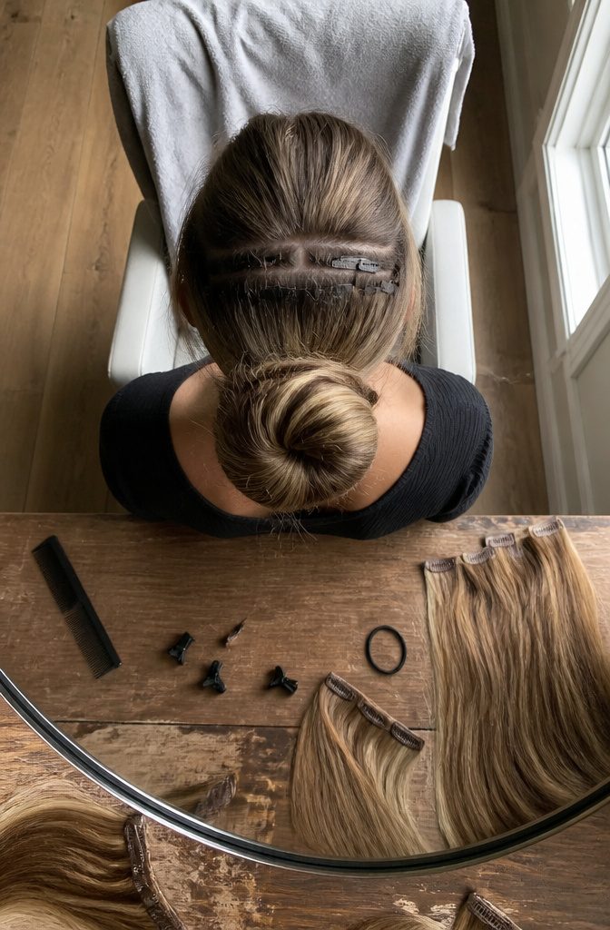 Hair bun tutorial with clip-in extensions adding volume